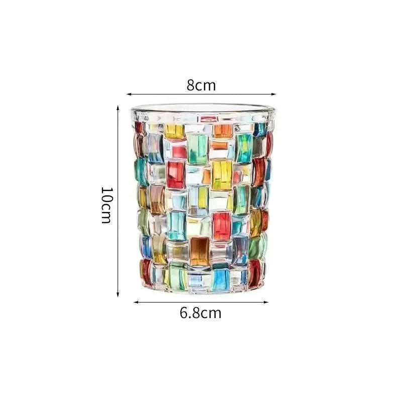 Linhas coloridas europeias, vidro de cristal tecido, vitral, copo de suco, vidro de uísque, presente personalizado