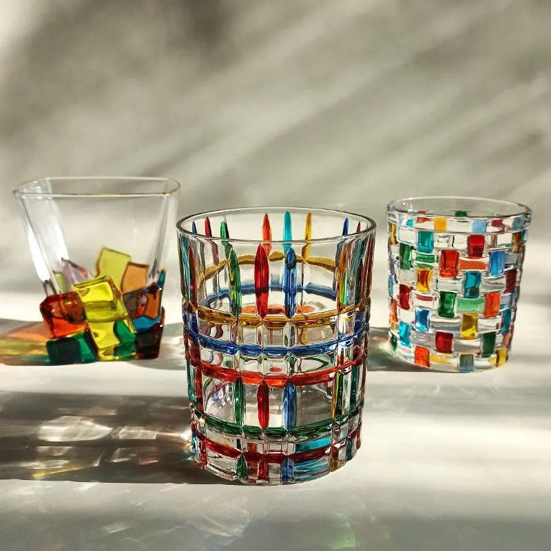 Linhas coloridas europeias, vidro de cristal tecido, vitral, copo de suco, vidro de uísque, presente personalizado