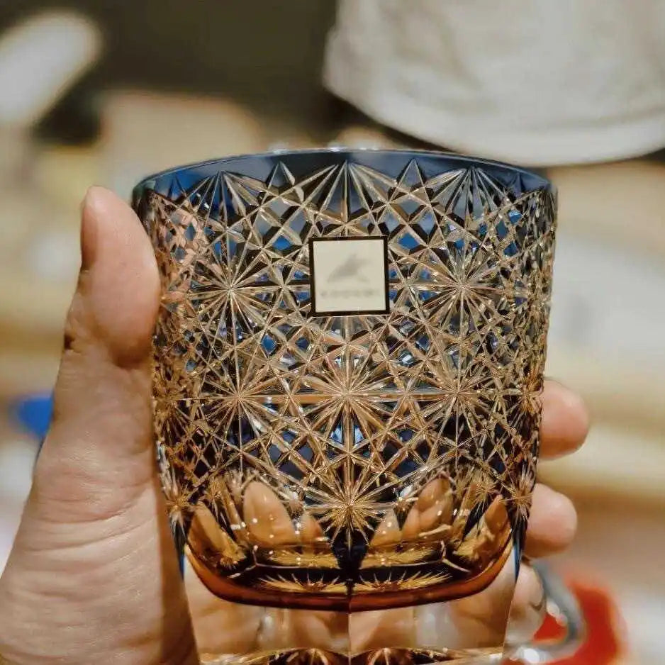 Edo cortar copo de margarida azul feito à mão, copo de salte de vidro de borosilicato alto, copo de uísque de alta beleza