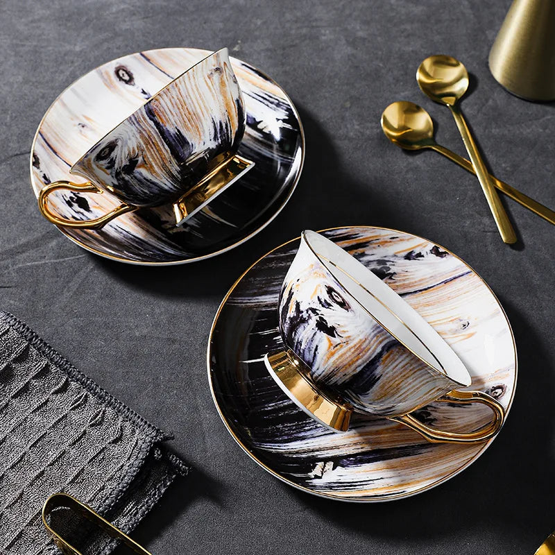 Xícara De Café De Grão De Madeira E Pires Caixa De Presente, Copo De Cerâmica Requintada High-End, conjunto De Chá Da Tarde Britânico, Premium Bone China