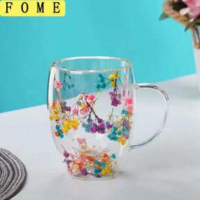 Caneca de café de parede dupla 250/350ml com alças copos de leite transparentes presentes copo de vidro preenchimento simulação artificial flores xícara de chá