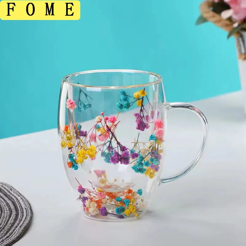 Caneca de café de parede dupla 250/350ml com alças copos de leite transparentes presentes copo de vidro preenchimento simulação artificial flores xícara de chá
