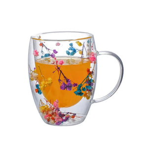 Caneca de café de parede dupla 250/350ml com alças copos de leite transparentes presentes copo de vidro preenchimento simulação artificial flores xícara de chá