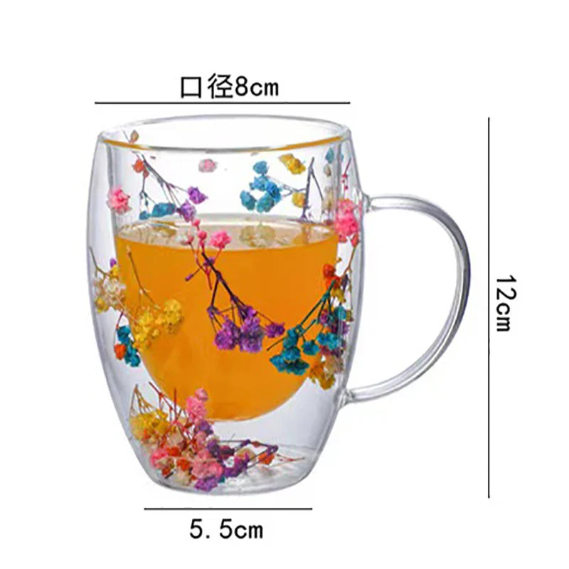 Caneca de café de parede dupla 250/350ml com alças copos de leite transparentes presentes copo de vidro preenchimento simulação artificial flores xícara de chá