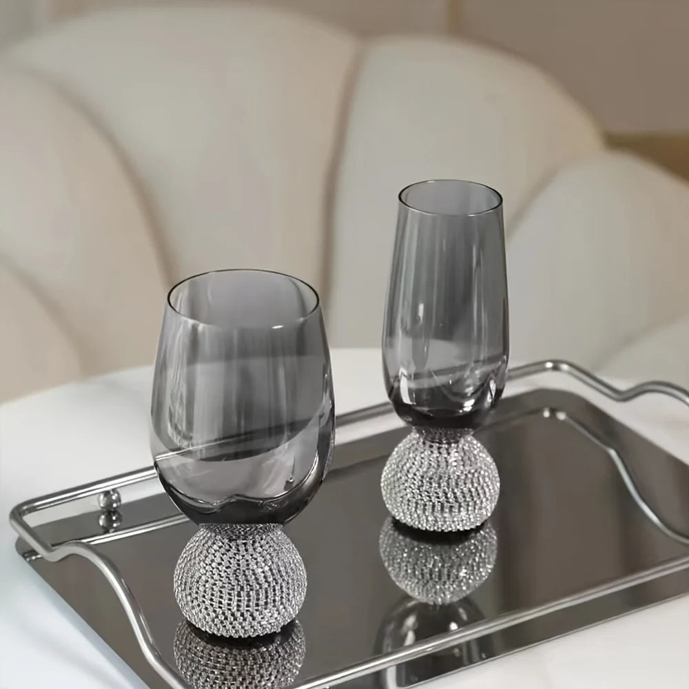 Copo de vidro de vinho sem haste de luxo, strass, fumaça cinza, reutilizável para coquetéis, vinho tinto, copo de uísque, presentes de diamante