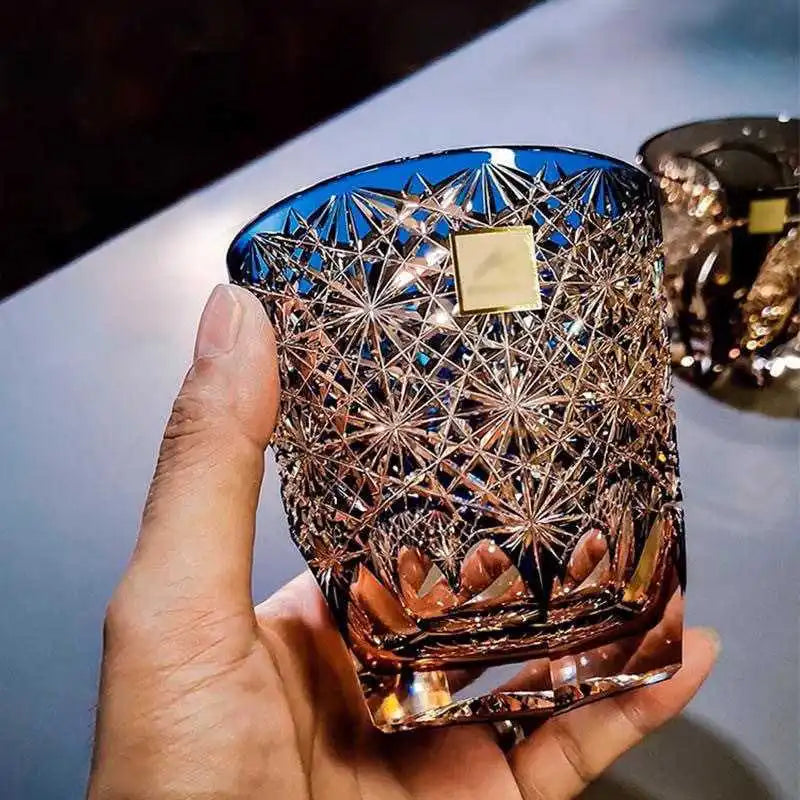 Edo cortar copo de margarida azul feito à mão, copo de salte de vidro de borosilicato alto, copo de uísque de alta beleza