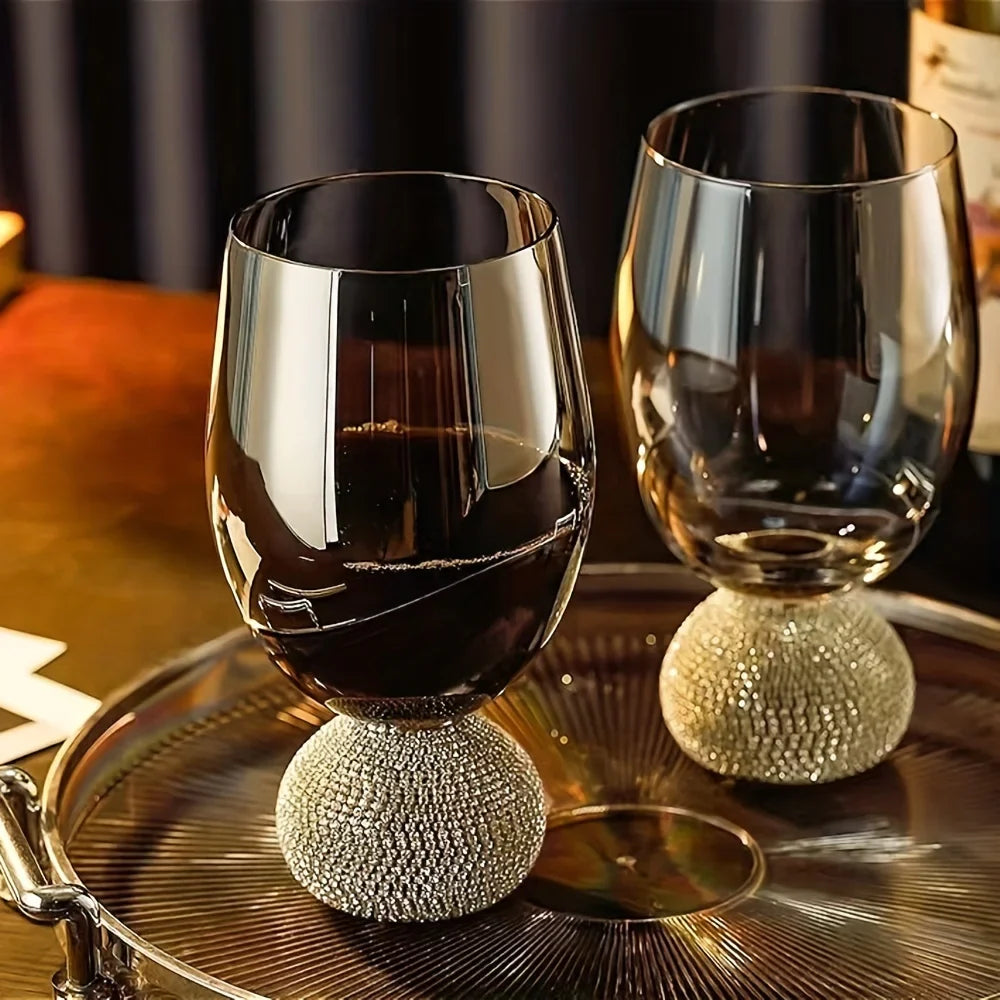 Copo de vidro de vinho sem haste de luxo, strass, fumaça cinza, reutilizável para coquetéis, vinho tinto, copo de uísque, presentes de diamante
