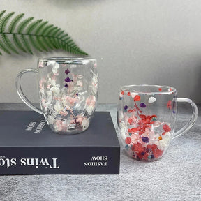 Caneca de café de parede dupla 250/350ml com alças copos de leite transparentes presentes copo de vidro preenchimento simulação artificial flores xícara de chá