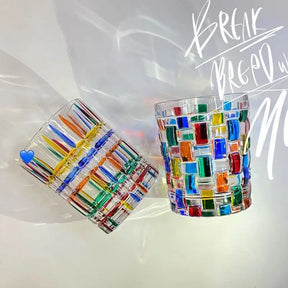 Linhas coloridas europeias, vidro de cristal tecido, vitral, copo de suco, vidro de uísque, presente personalizado