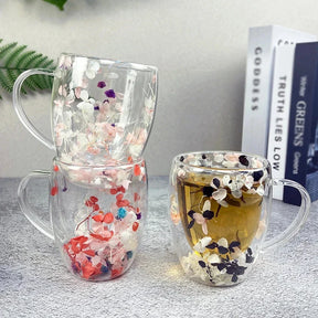Caneca de café de parede dupla 250/350ml com alças copos de leite transparentes presentes copo de vidro preenchimento simulação artificial flores xícara de chá