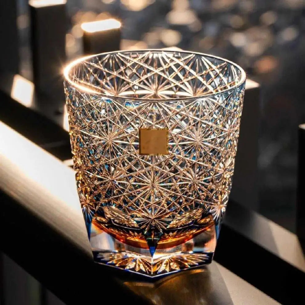 Edo cortar copo de margarida azul feito à mão, copo de salte de vidro de borosilicato alto, copo de uísque de alta beleza