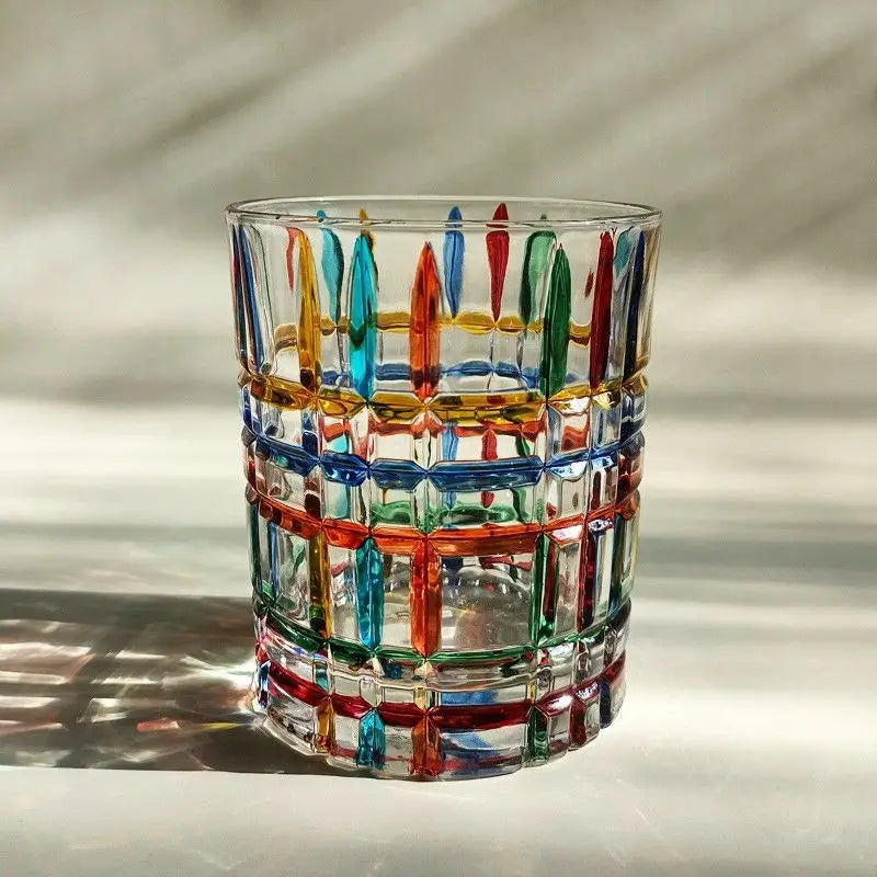 Linhas coloridas europeias, vidro de cristal tecido, vitral, copo de suco, vidro de uísque, presente personalizado