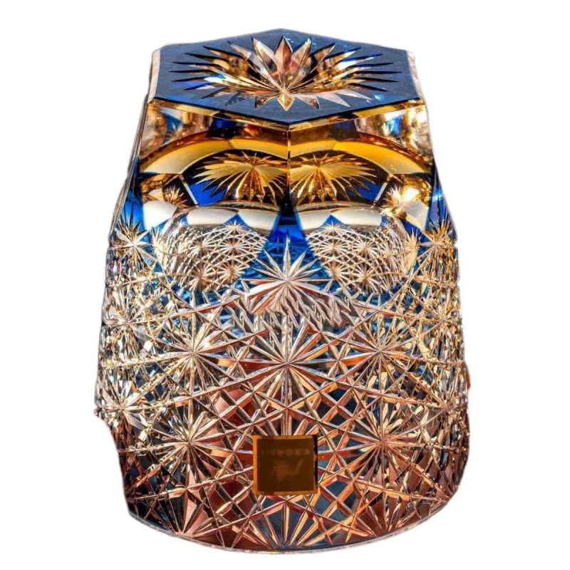 Edo cortar copo de margarida azul feito à mão, copo de salte de vidro de borosilicato alto, copo de uísque de alta beleza