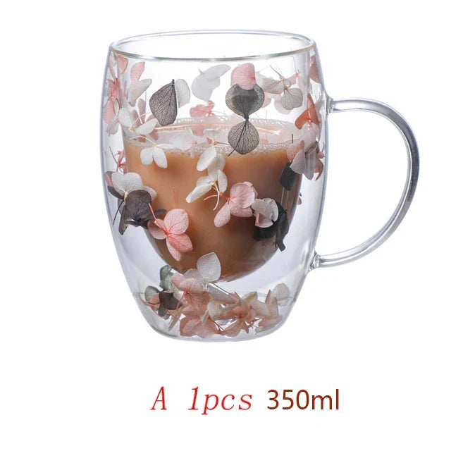 Caneca de café de parede dupla 250/350ml com alças copos de leite transparentes presentes copo de vidro preenchimento simulação artificial flores xícara de chá