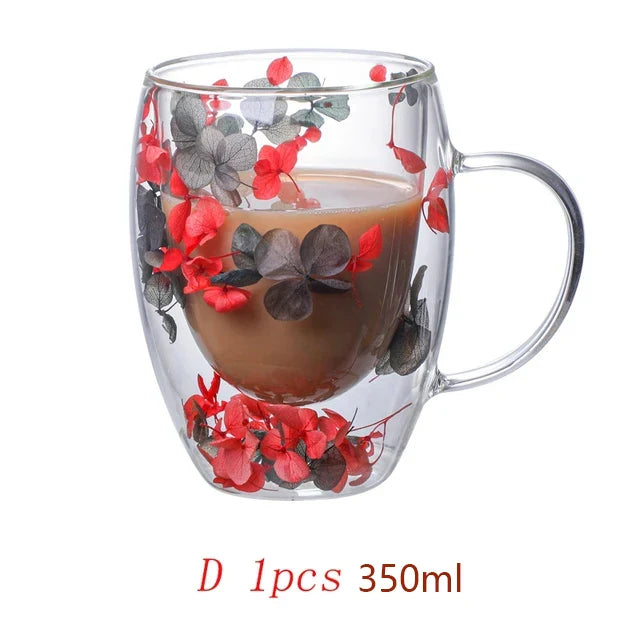 Caneca de café de parede dupla 250/350ml com alças copos de leite transparentes presentes copo de vidro preenchimento simulação artificial flores xícara de chá