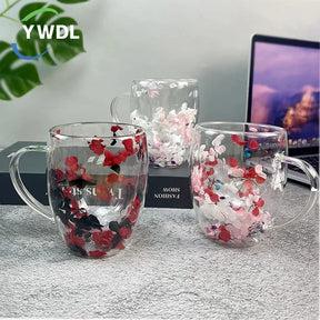 Caneca de café de parede dupla 250/350ml com alças copos de leite transparentes presentes copo de vidro preenchimento simulação artificial flores xícara de chá