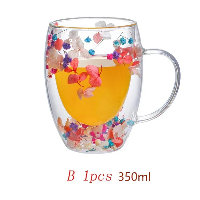 Caneca de café de parede dupla 250/350ml com alças copos de leite transparentes presentes copo de vidro preenchimento simulação artificial flores xícara de chá