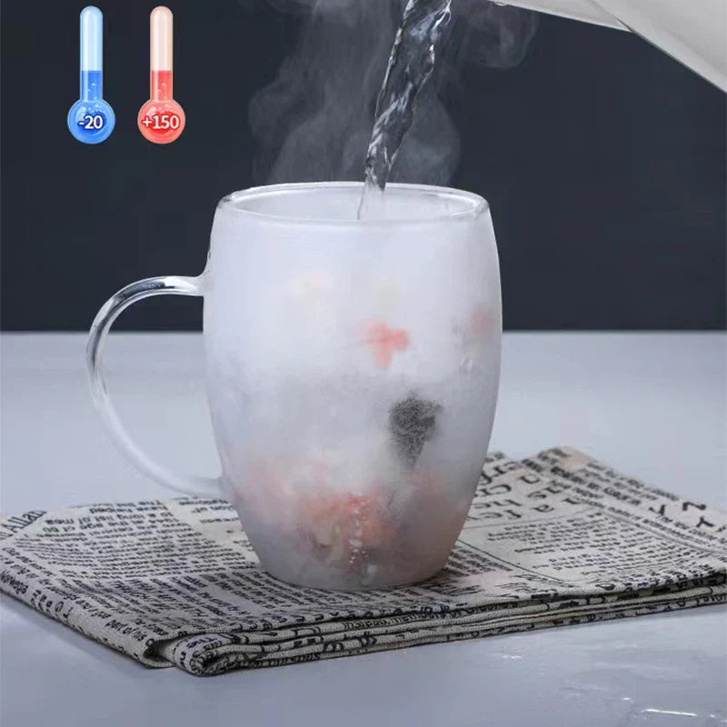 Caneca de café de parede dupla 250/350ml com alças copos de leite transparentes presentes copo de vidro preenchimento simulação artificial flores xícara de chá