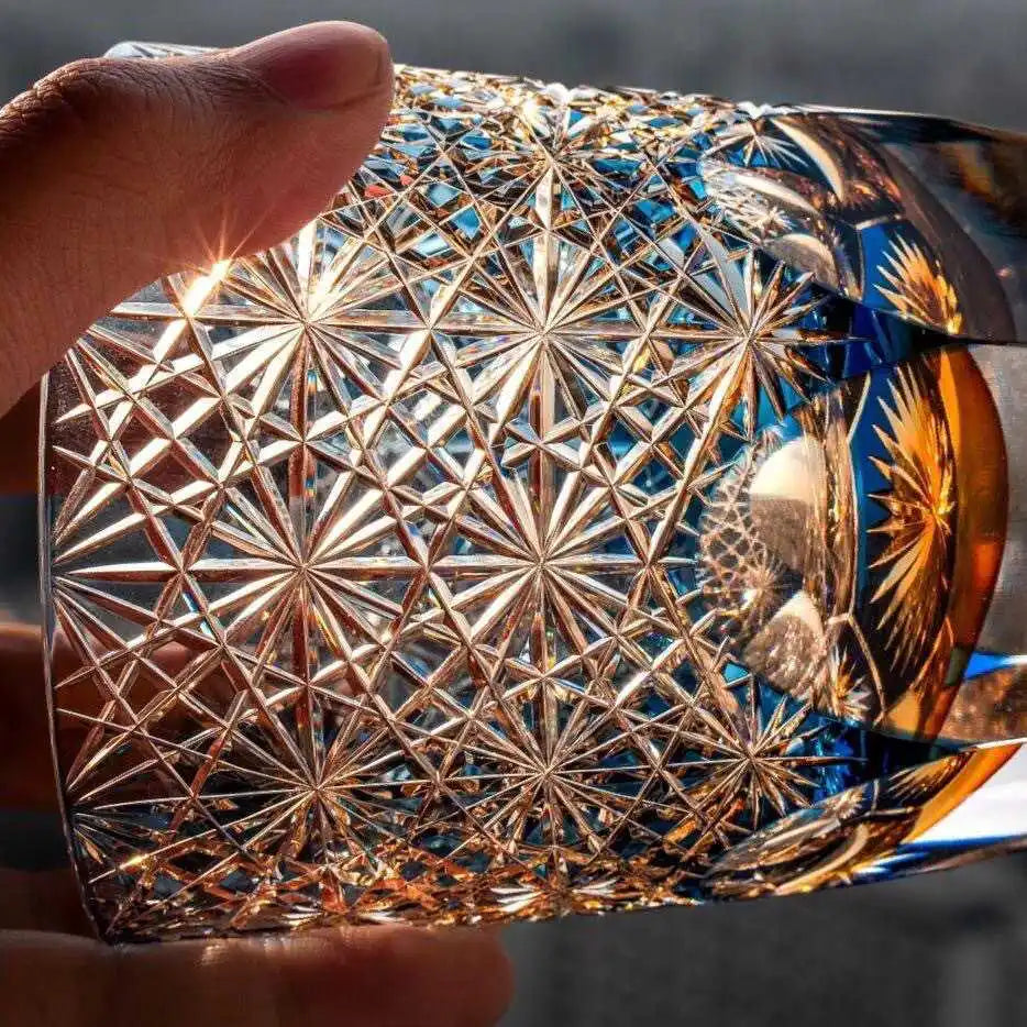 Edo cortar copo de margarida azul feito à mão, copo de salte de vidro de borosilicato alto, copo de uísque de alta beleza