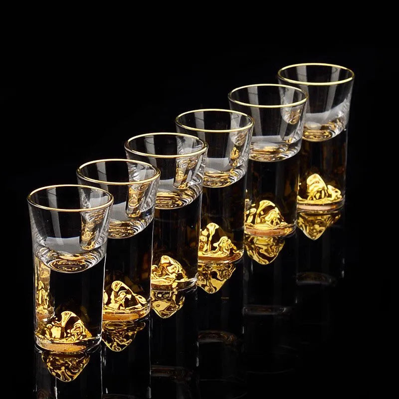 Conjunto de vidro curto com borda dourada, 6 peças, folha de ouro/pico azul, copos de espíritos, vidro de cristal, saquê, soju, brandy, xícara de chá, 15ml