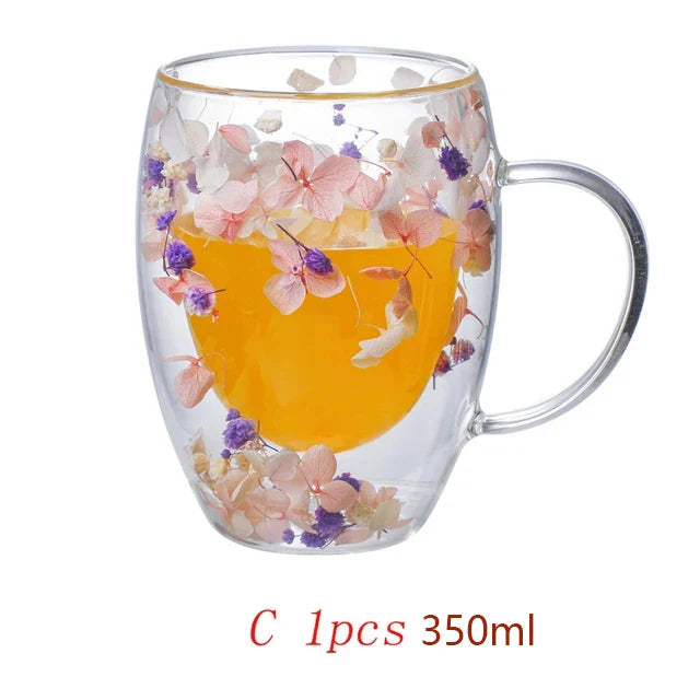 Caneca de café de parede dupla 250/350ml com alças copos de leite transparentes presentes copo de vidro preenchimento simulação artificial flores xícara de chá